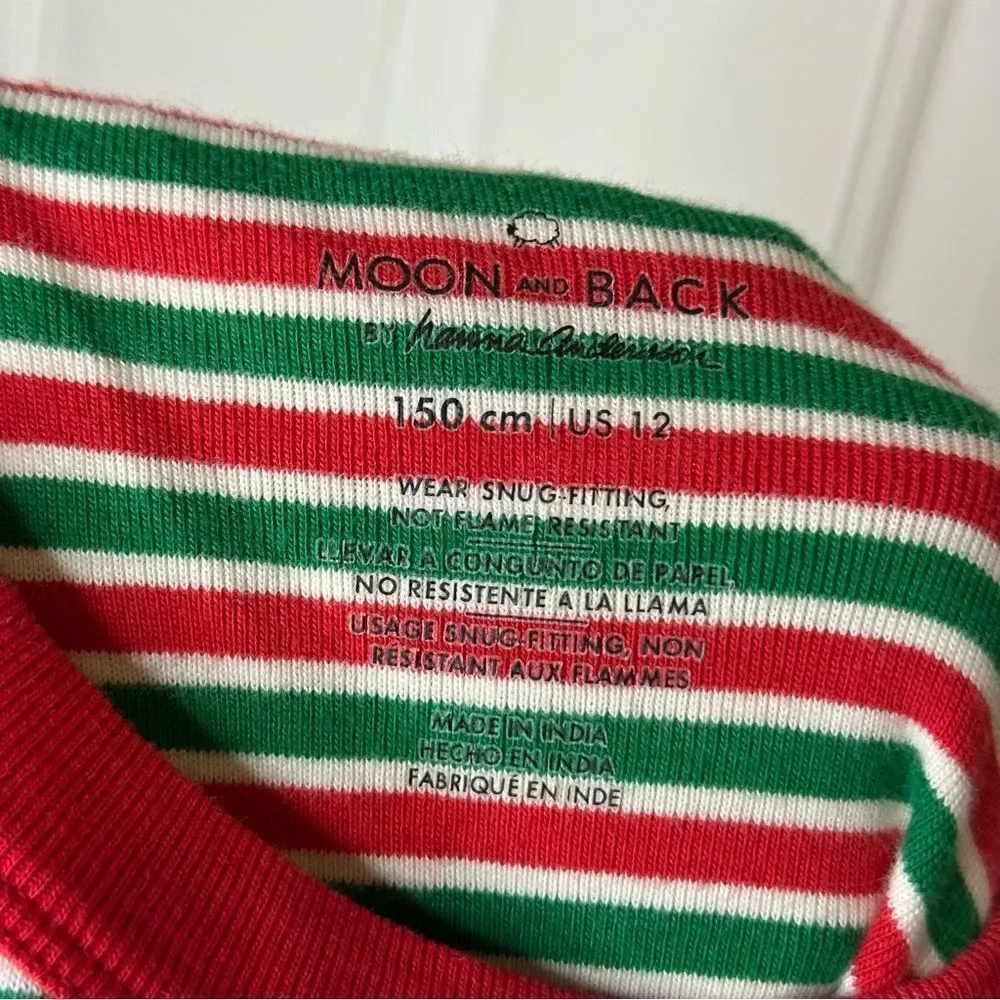 Hanna Andersson Moon & Back Holiday Green Red Striped Long John PJ Set Sz 12